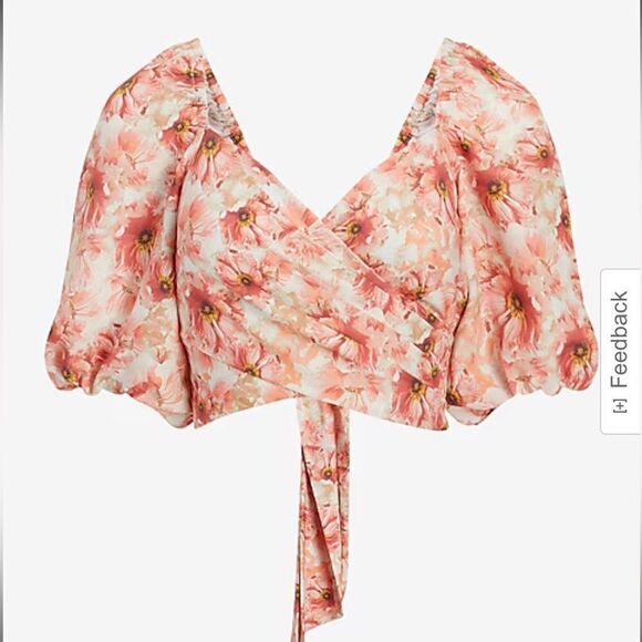 NWT Express Satin Floral Print Faux Wrap Tie Back Cropped Top - Picture 4 of 11